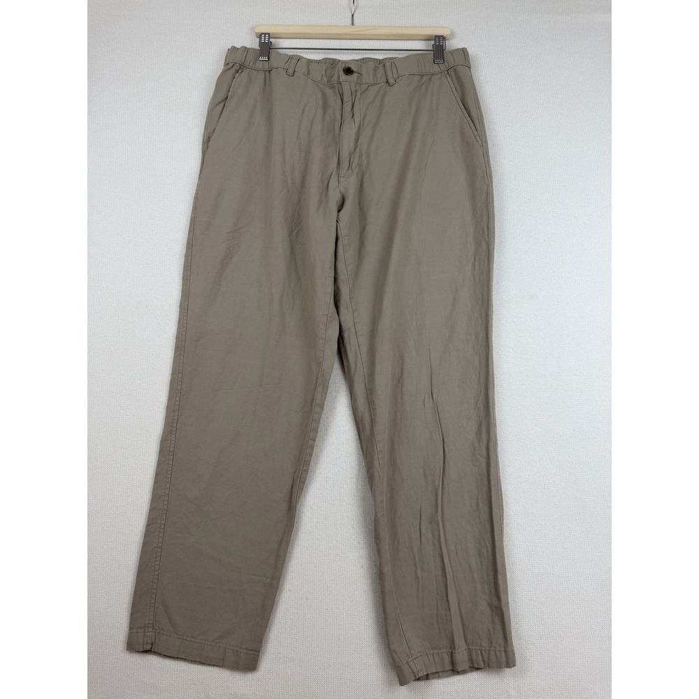 Uniqlo Linen Blend Straight Pants Mens XL Beige‎ Preppy Elastic Waist 36-39 inch